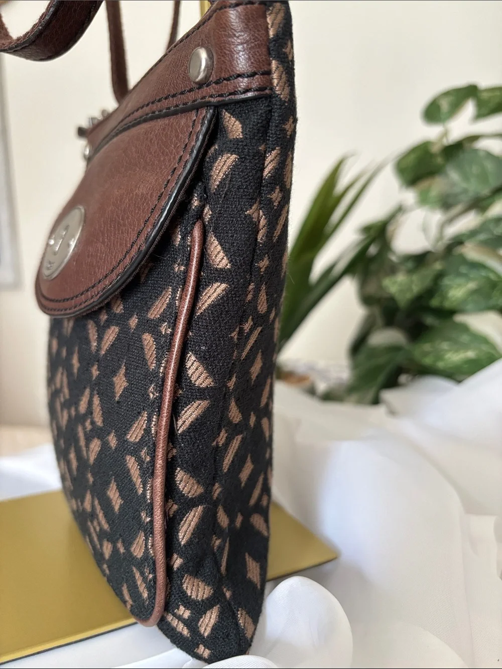 Fossil Maddox Brown & Black Fabric with Leather Trim Crossbody